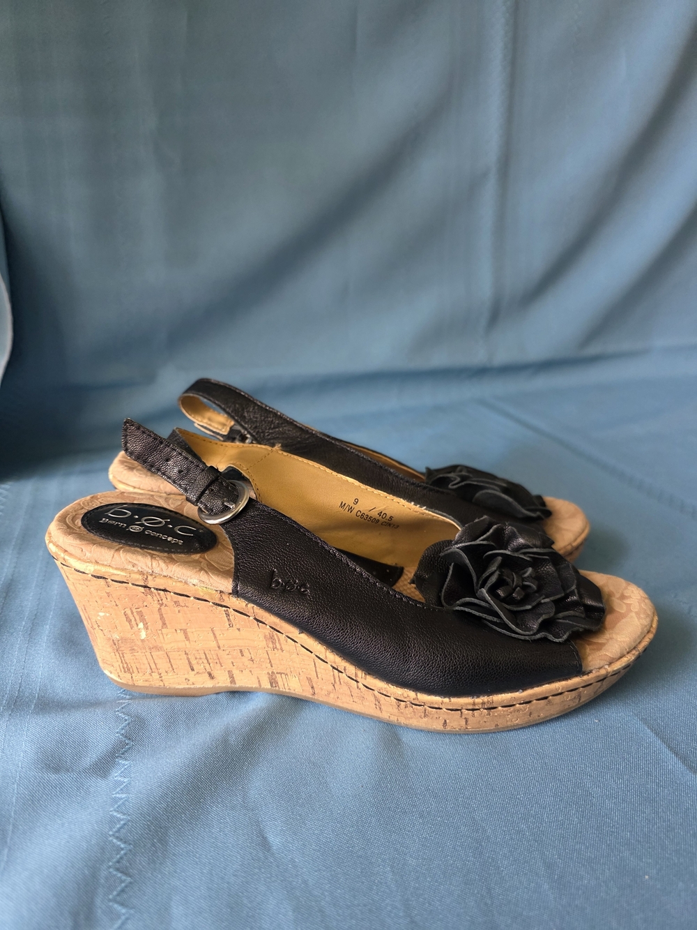 b.ø.c Leather Floral Slingback Cork Wedge Sandals Women’s 9